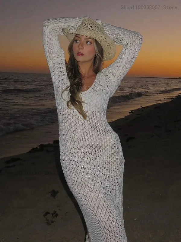 Robe de plage dos nu à manches longues en tricot blanc pour femmes, Cover-up Bikin, See-Through, Deep V-Neck, Hollow-Out, Tricot