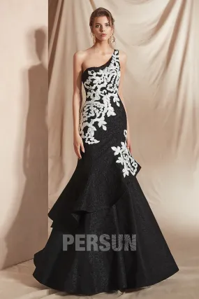 Robe de soirée 2020 sirène noire asymétrique appliquée de dentelle florale blanche - Robedesoireelongue.fr