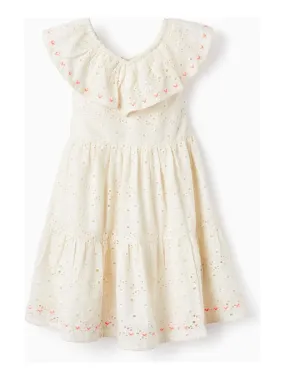 Robe En Coton Avec Broderie Anglaise Pour Fille manches courtes - Blanc