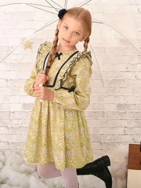 Robe Fleurie Hiver Fille  Coton Jaune Bleu  APPOLINE - 'LA FAUTE A VOLTAIRE' - Jaune