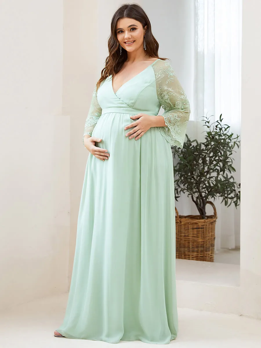 Robe Maxi de Grossesse en Dentelle Transparente à Manches Courtes