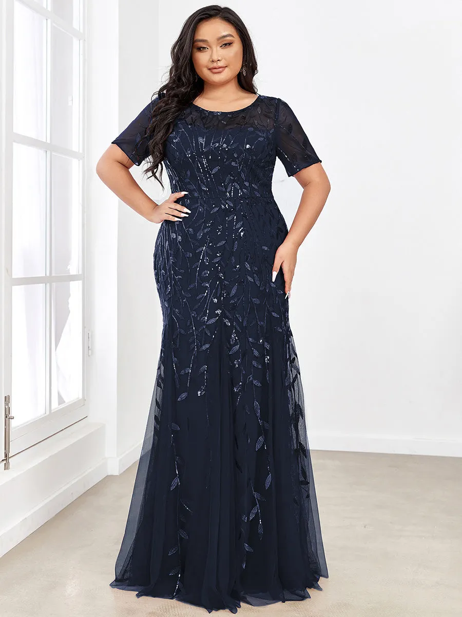 Robe Sirène Grande Taille en Tulle à Imprimé Floral et Paillettes