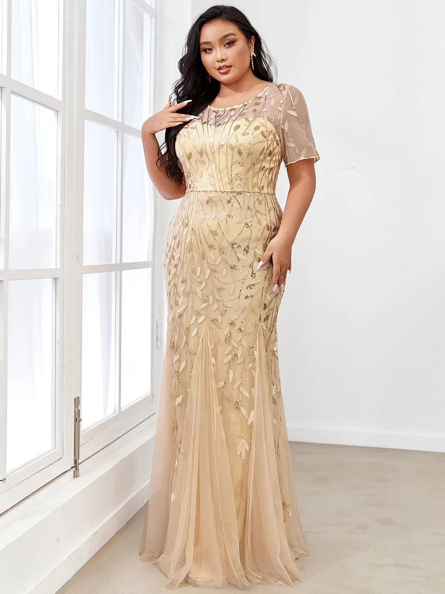 Robe Sirène Grande Taille en Tulle à Imprimé Floral et Paillettes