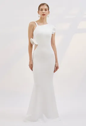 Robe Sirène Volantée à Bretelles Asymétriques en Blanc