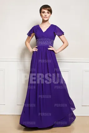 Robe violette longue col V ceinturée de strass pour invité mariage - Robedesoireelongue.fr