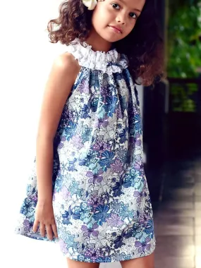 Robe Été Fleurie Liberty Bleu Lilas Fille  MANON - La Faute à Voltaire - Bleu Violet clair Bleu