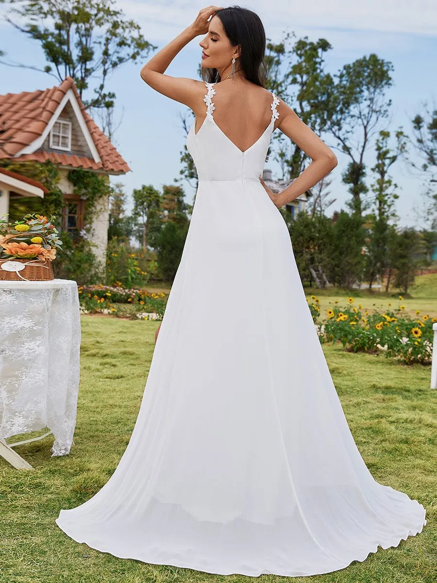 Robes de mariée en mousseline de soie  imprimé floral, bretelles  col en V  fente haute  bretelles spaghetti