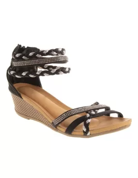 Sandales femme petit talon compensé bride cheville tressée & strass