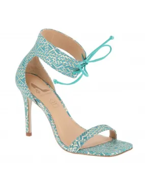 sandales à talons lien à la cheville cuir texturisé turquoise et doré 11 cm