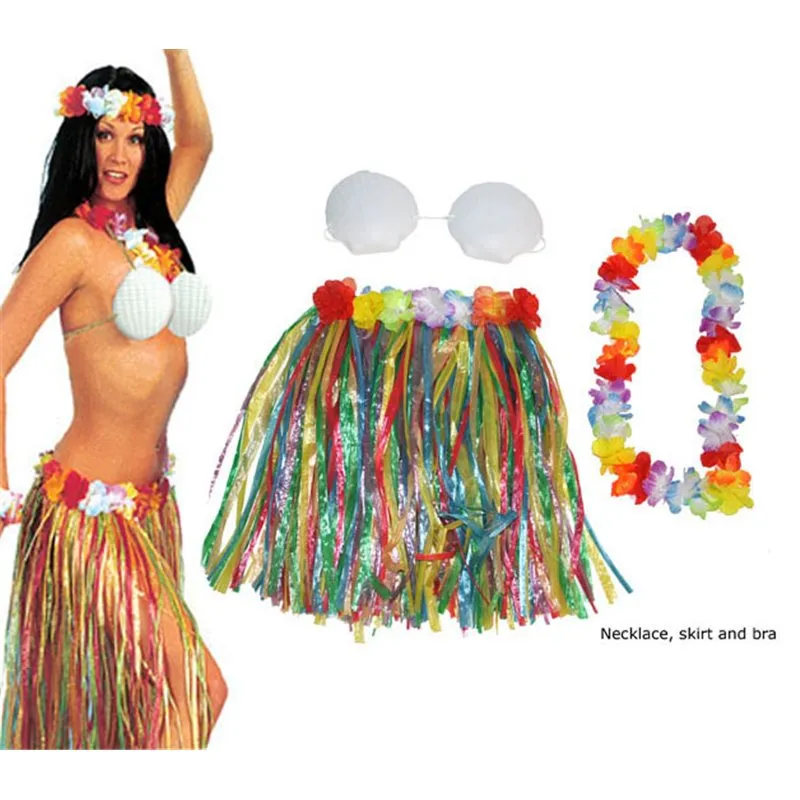 Set Déguisement Tahiti Hawaï Collier Jupe Soutien-gorge Multicolores