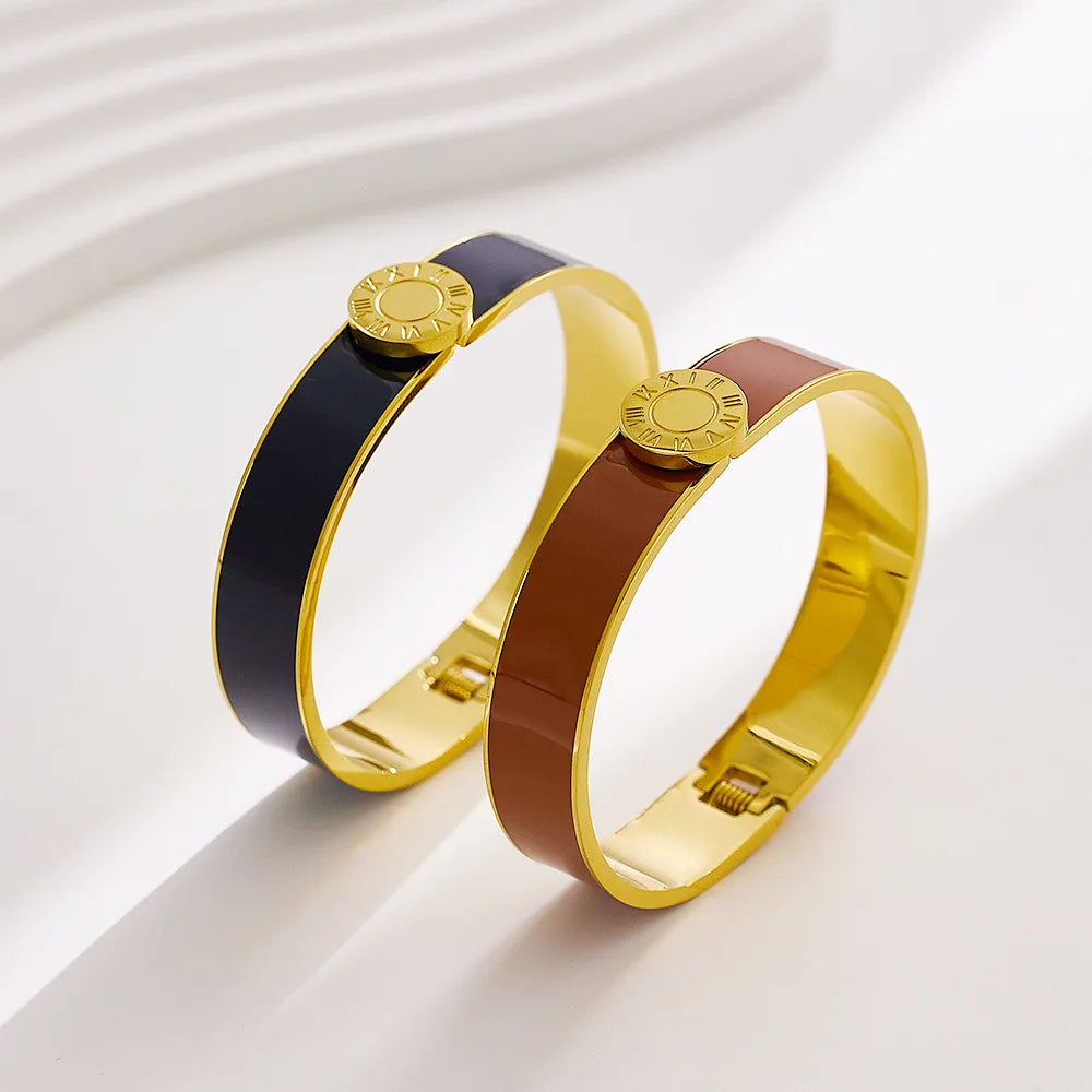 Superbe bracelet de luxe en acier titane et émail avec plaquette dorée et chiffres romains, plaqué or 18 carats, manchette étanc