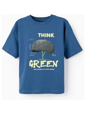 T-shirt en coton à effet holographique pour garçon 'Think Green' manches courtes - Bleu foncé