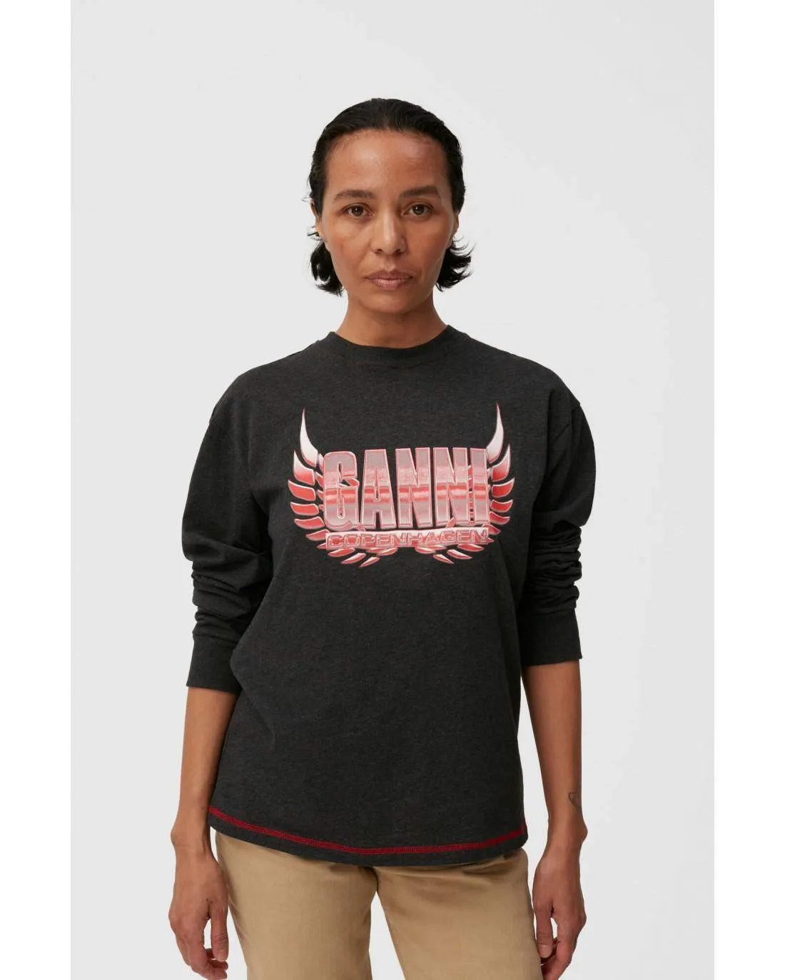 T-SHIRT MELANGE LIGHT JERSEY LONG SLEEVE PHANTOM - Ganni  | Chez Maman Rouen