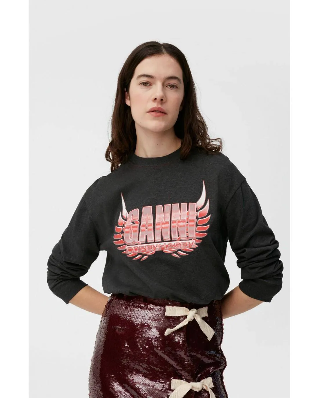 T-SHIRT MELANGE LIGHT JERSEY LONG SLEEVE PHANTOM - Ganni  | Chez Maman Rouen