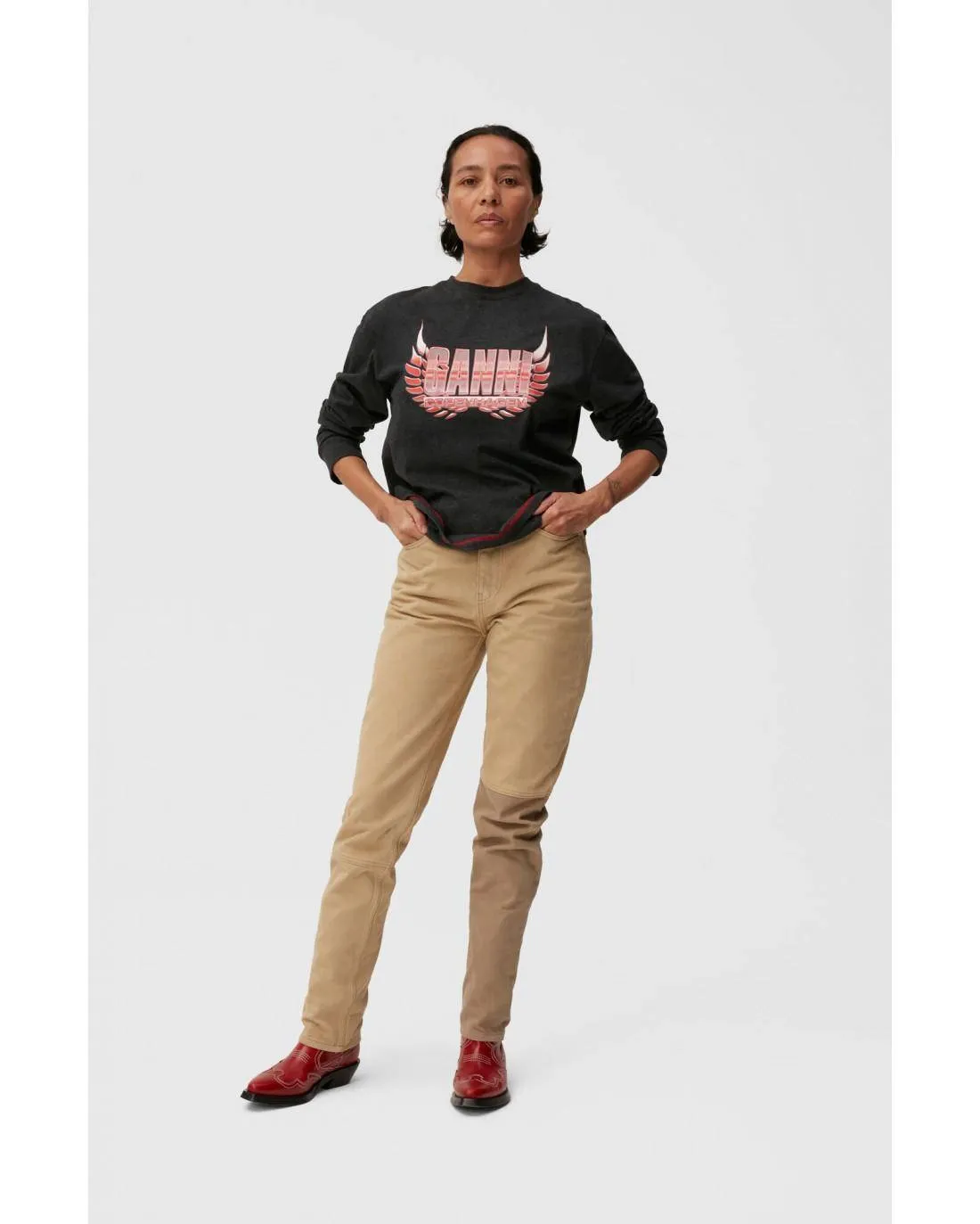 T-SHIRT MELANGE LIGHT JERSEY LONG SLEEVE PHANTOM - Ganni  | Chez Maman Rouen