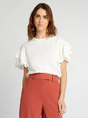 T-shirt à col rond avec manches volantées - blanc