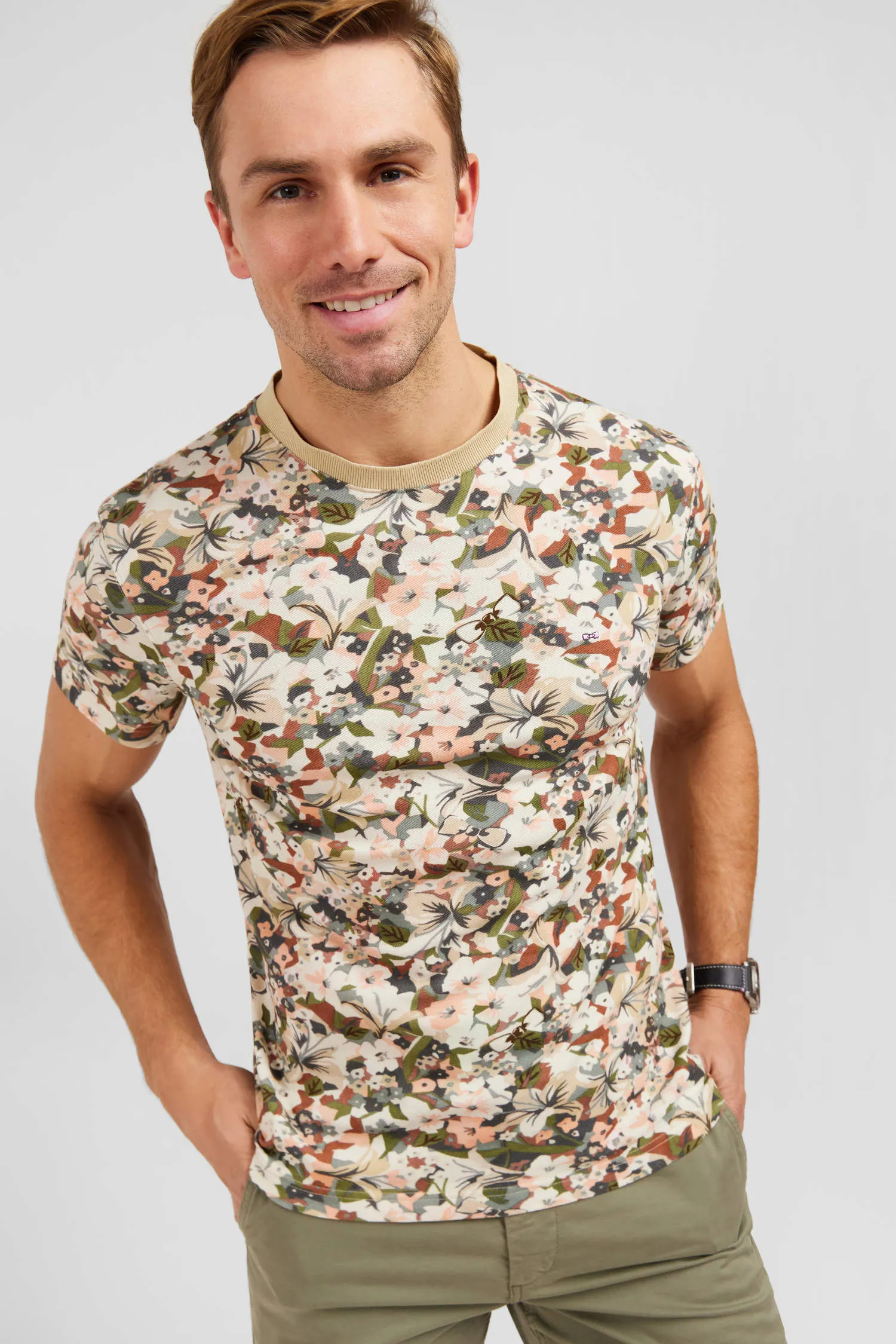 T-shirt écru en coton piqué imprimé fleuri