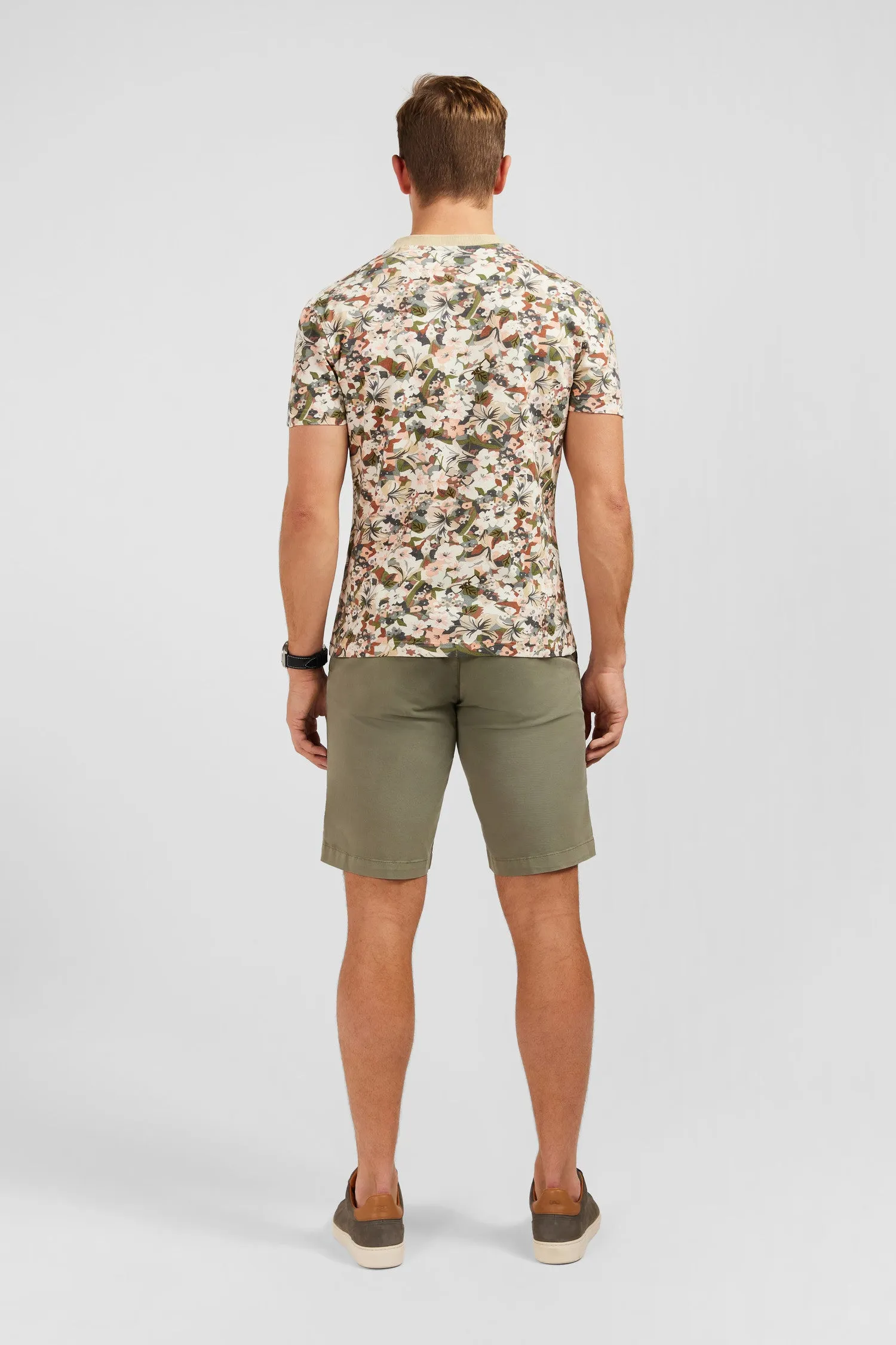 T-shirt écru en coton piqué imprimé fleuri