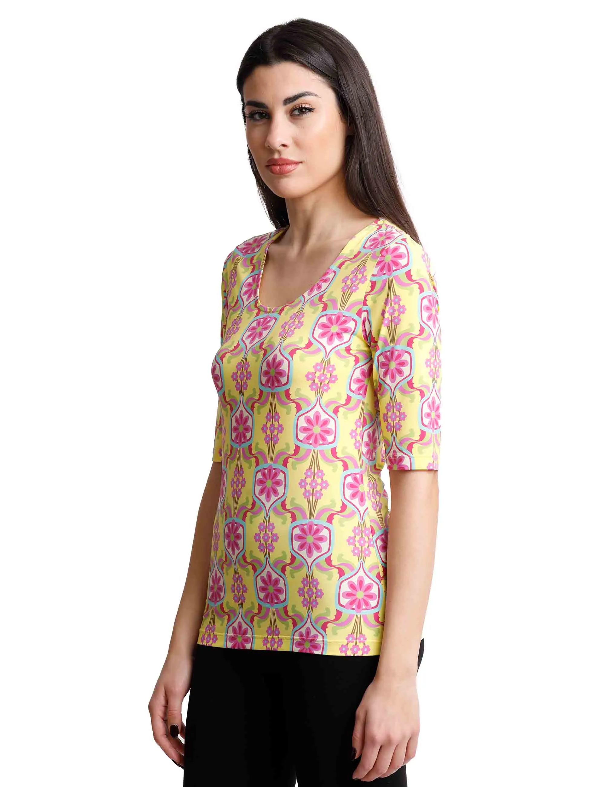 T-shirts donna Marigold in jersey giallo e rosa mezze maniche