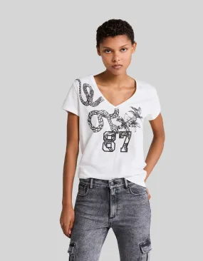 Tee-shirt blanc coton bio visuel serpent et broderies Femme