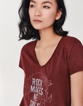 Tee-shirt grenat en coton flammé message pailleté femme