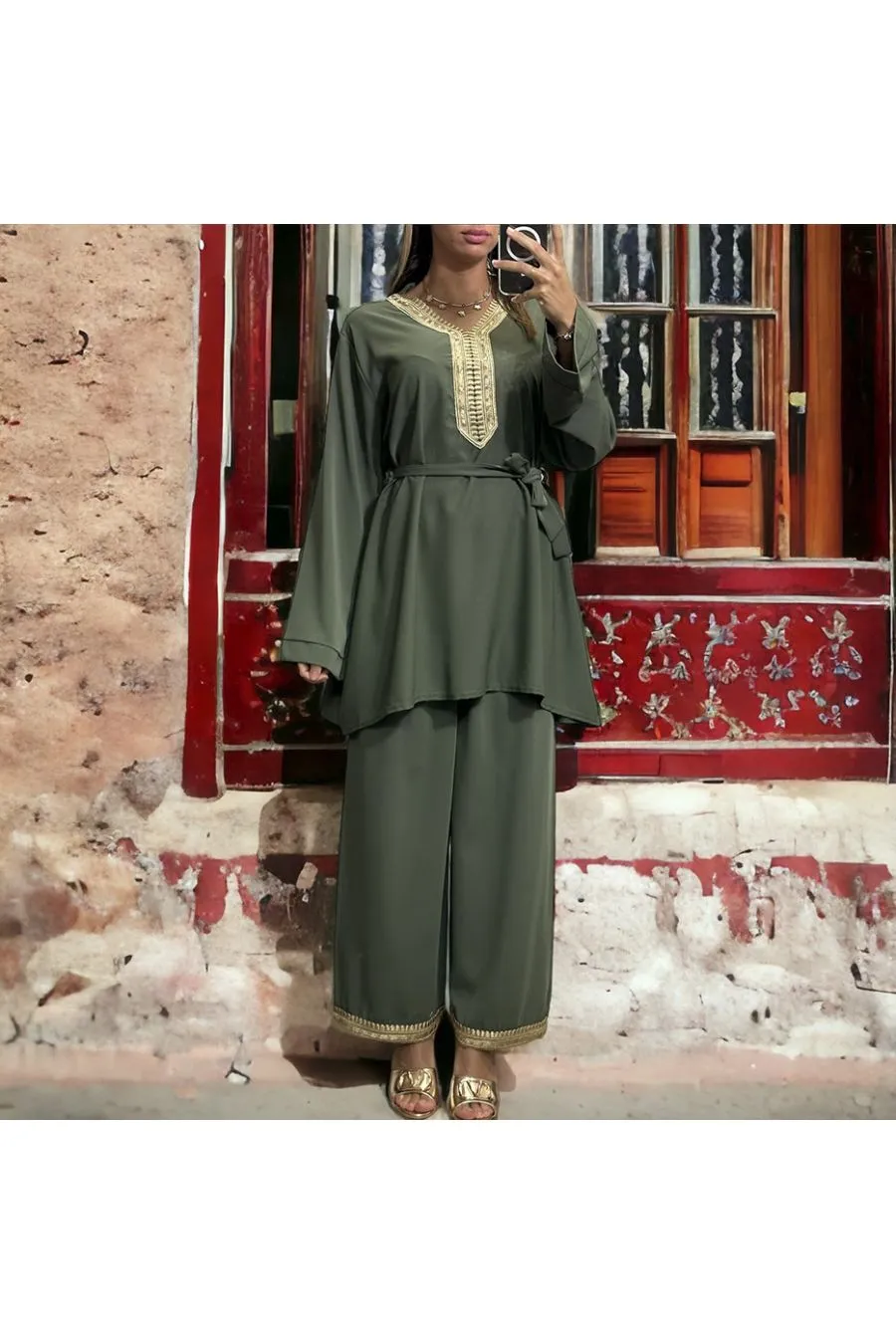 Tunique kaki over size avec pantalon palazzo