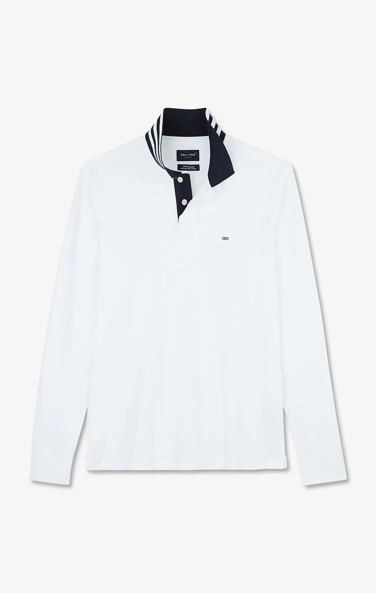 White cotton long-sleeved polo with contrasting collar.
