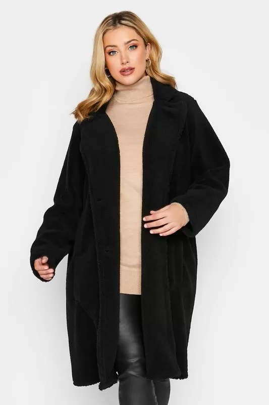 YOURS LUXURY - Manteau Noir Midi Fausse Fourrure