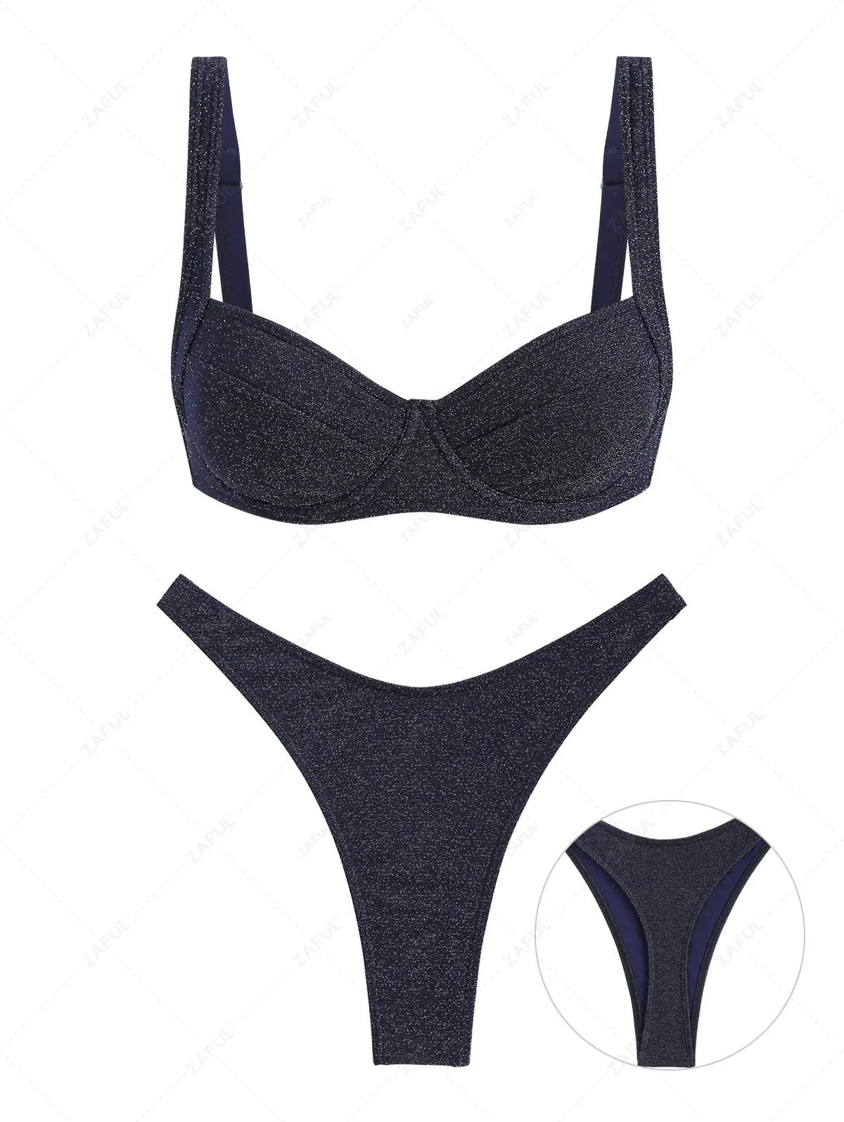 ZAFUL Ensemble De Bikini Brillant Métallisé à Jambe Haute à Armature Pour Femme - Bleu Profond M